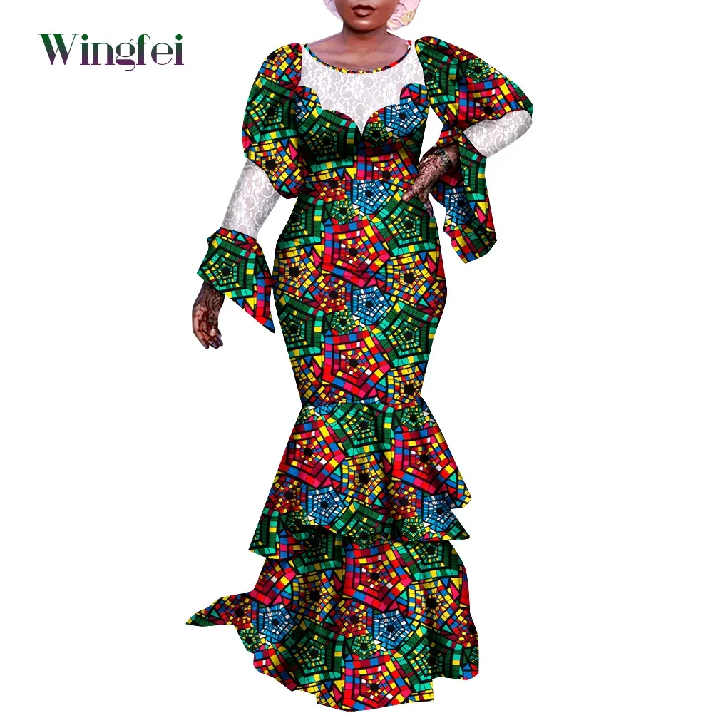 Fashion African Dresses for Women Elegant Dashiki Party Women Dress Flare Sleeve Multi-layered Maxi Long Dress WY9496