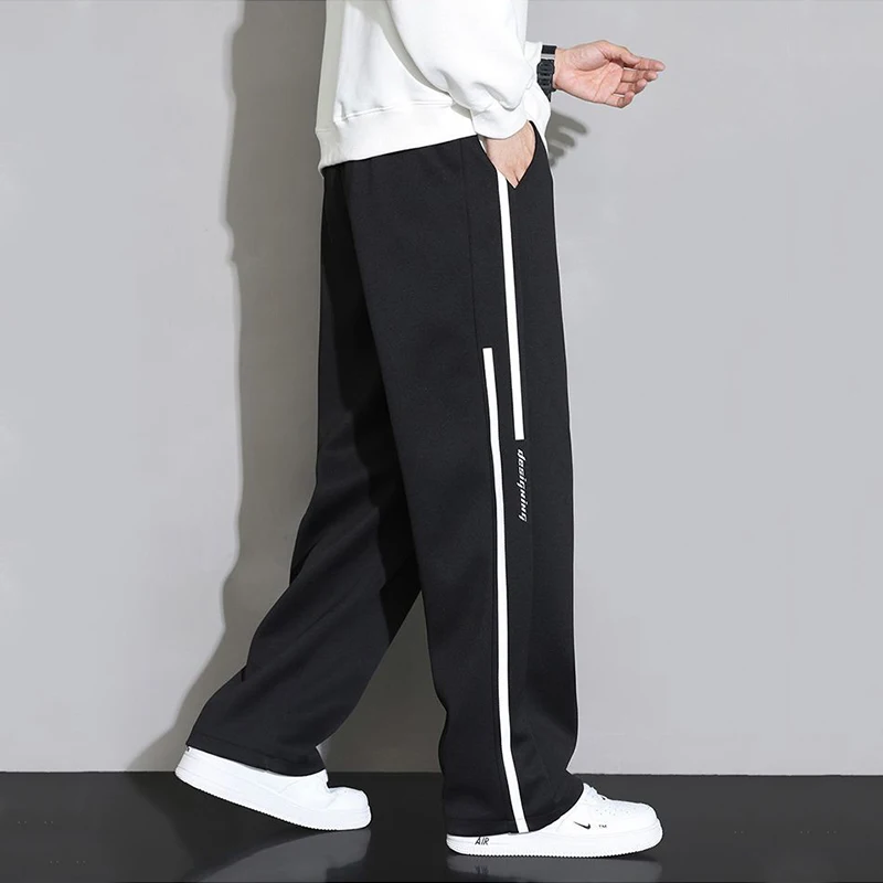 Summer Side Stripe Casual Loose Wide Leg Pants Men Solid Patchwork Embroidery Elastic Waist Drawstring Pockets Straight Trousers