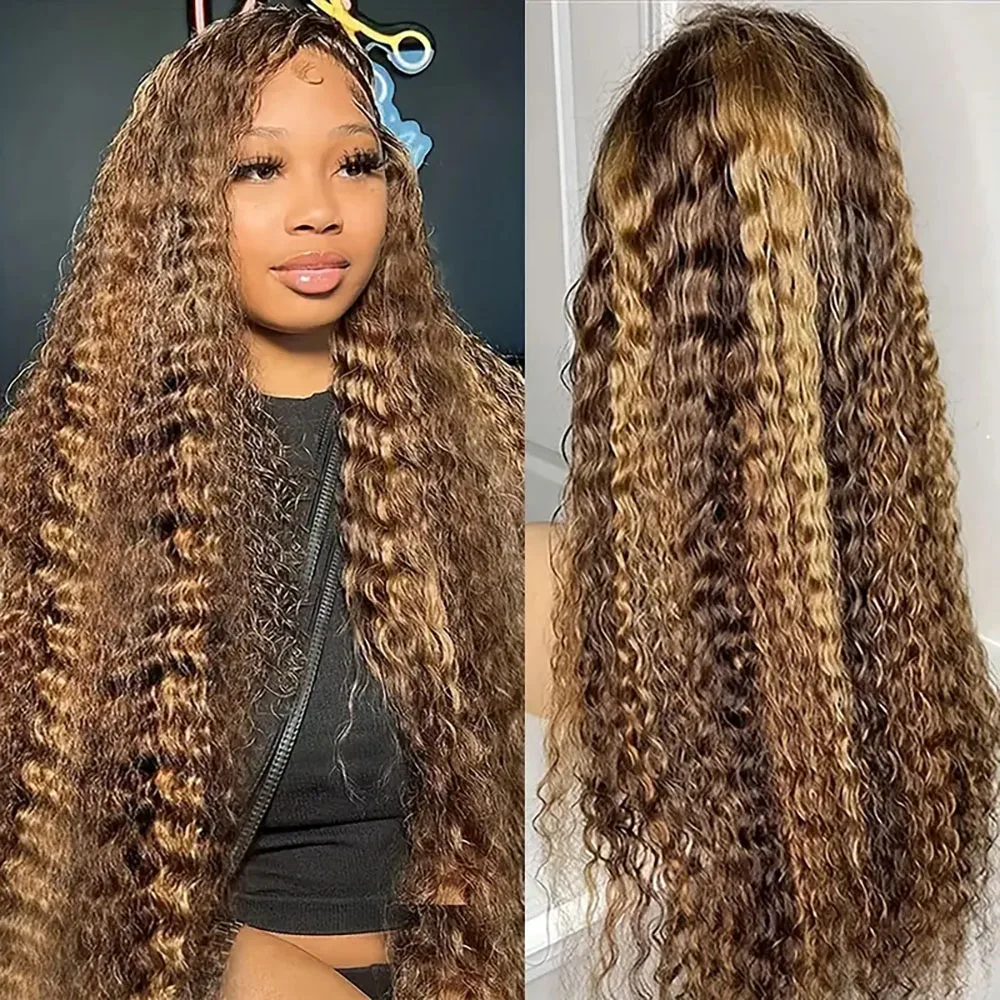 

Deep Wave 5×5 Highlight Lace Front Wigs Human Hair Transparent 220 Density Honey Blond Pre Plucked Frontal Wig For Women 4/27