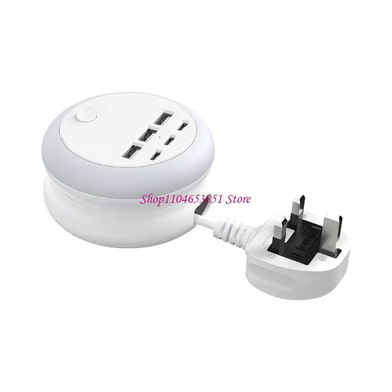 Portable Round Charging Hub with 3Prong Plug, 8 LED Night Light Color 6 USB Port, 1.2 M Retractable Cord for Travel