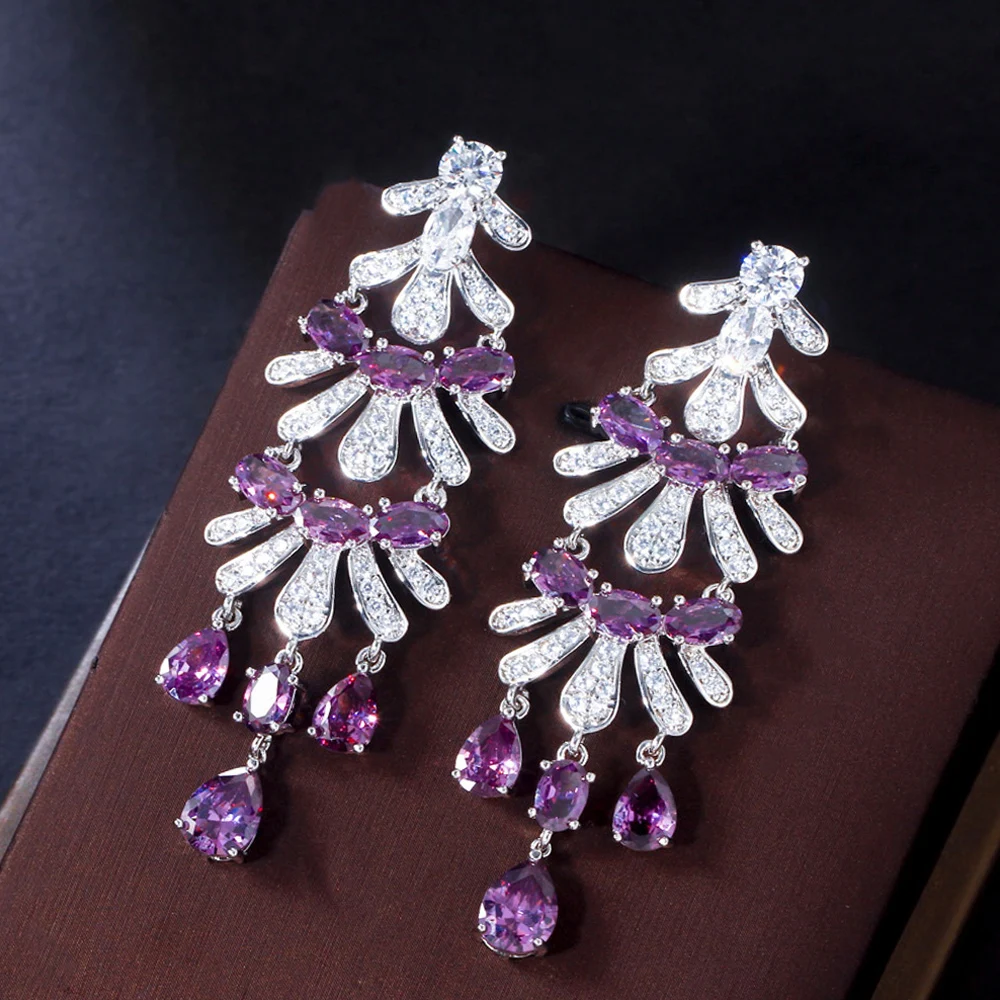 ThreeGraces Elegant Purple Cubic Zirconia Bridal Wedding Long Dangle Drop Earrings for Women New Fashion Party Jewelry E1274