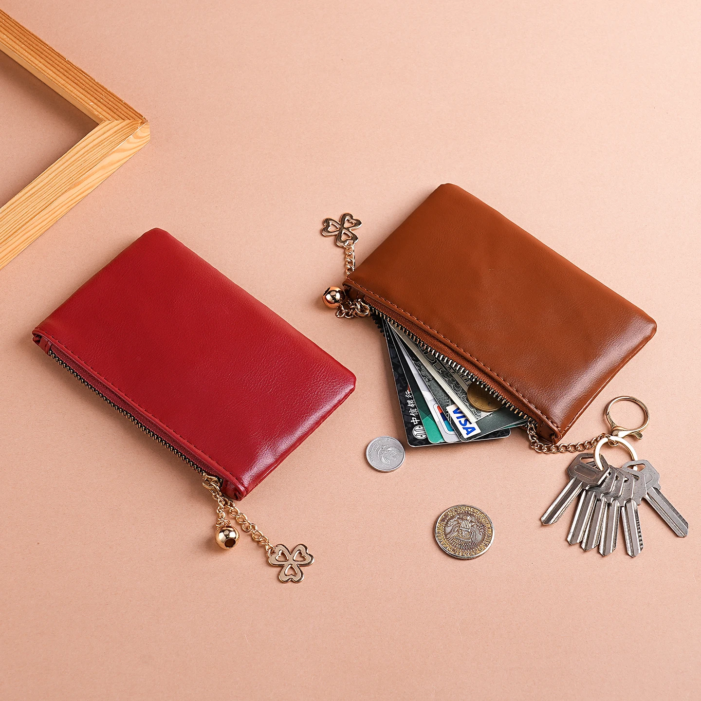 

Small Leather Zipper Wallet - Keychain Clover Charm Red/Brown Pearl Bracelet Card Cash Key Organizer