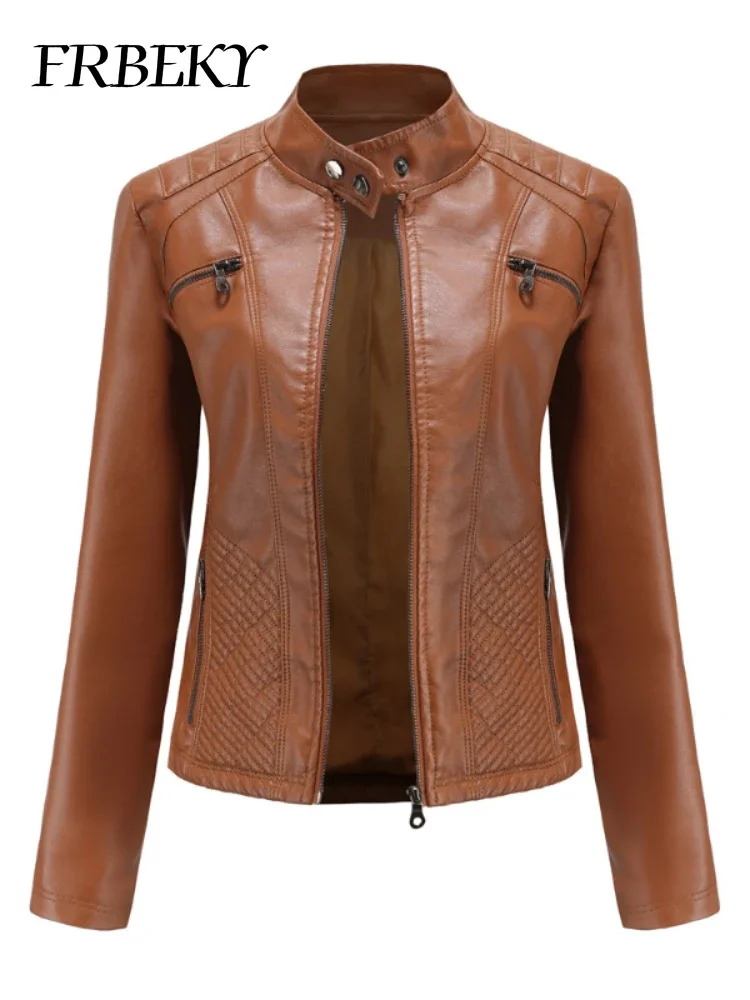 Casaco feminino outono nova jaqueta de couro casual gola manga longa jaqueta fina cor sólida casaco streetwear jaqueta com zíper