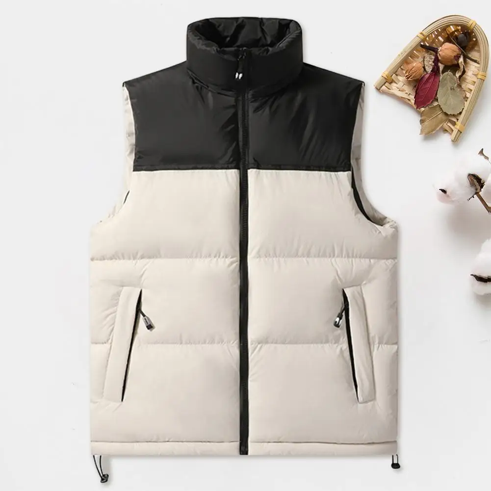 

Men Waistcoat Stand Collar Patchwork Color Cotton Padded Vest Coat with Pockets Drawstring Jacket Sleeveless Outwear Down Vest