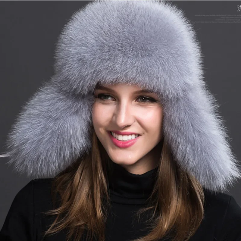 

Fashion Fox Fur Hat with Ear Protection for Women Winter Warm Snow Cap Bomber Hat Fluffy Natural Fur Lei Feng Hats Female Luxury