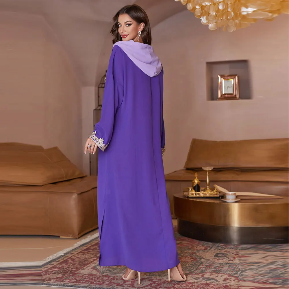 BX-211051 Muslim Fashionable and Elegant Autumn New Hooded Embroidered Spliced Sleeve Robe