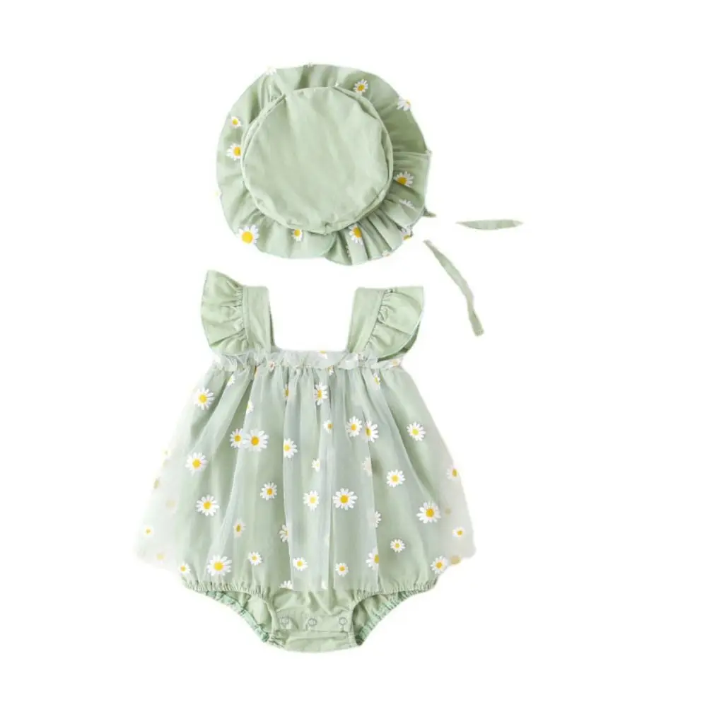 Mesh Flower Baby Princess Dress with Hat Loose Sleeveless Baby Climbing Suit Infant Romper Sweet Thin Toddle Jumpsuits