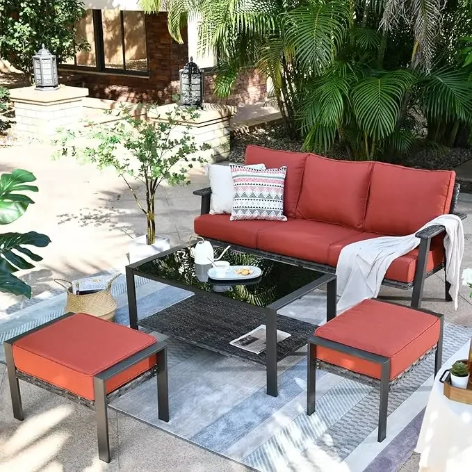 

Patio Sofa with Ottomans, Outdoor Wicker Rattan Couch with Comfy Cushions All Weather High Back Sofas for Outside