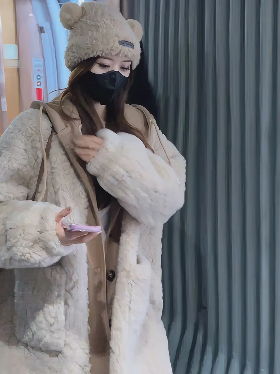 Jaet intercé en fourrure d'agneau faux deux pièces vêtements d'extérieur Thi chaud manteau mi-long printemps nouveau Sle trajet Sle coupe ample longue...