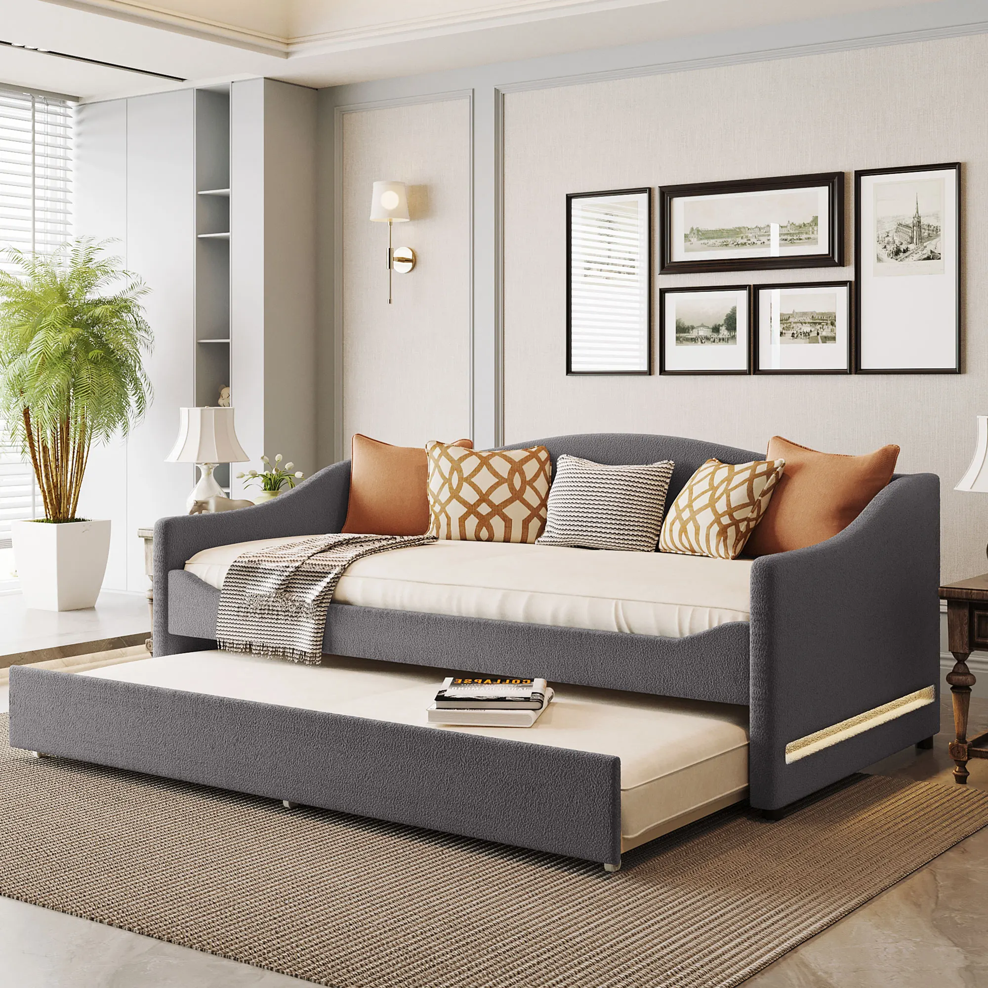 

Teddy Fleece Twin Size Upholstered Daybed with Light and Trundle, Gray 79.50x43.90x35.80 in.