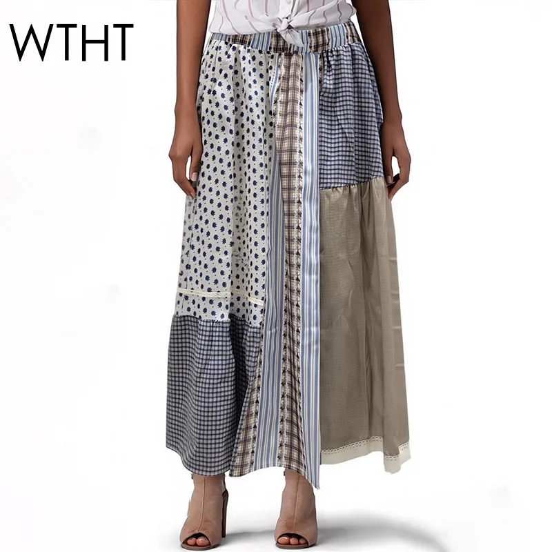 

WTHT Fashion Women Patchwork Plaid Loose Long Skirt Trendy 2026 Summer A-line High-waisted Lace Edge Skirts Female 1LS3050