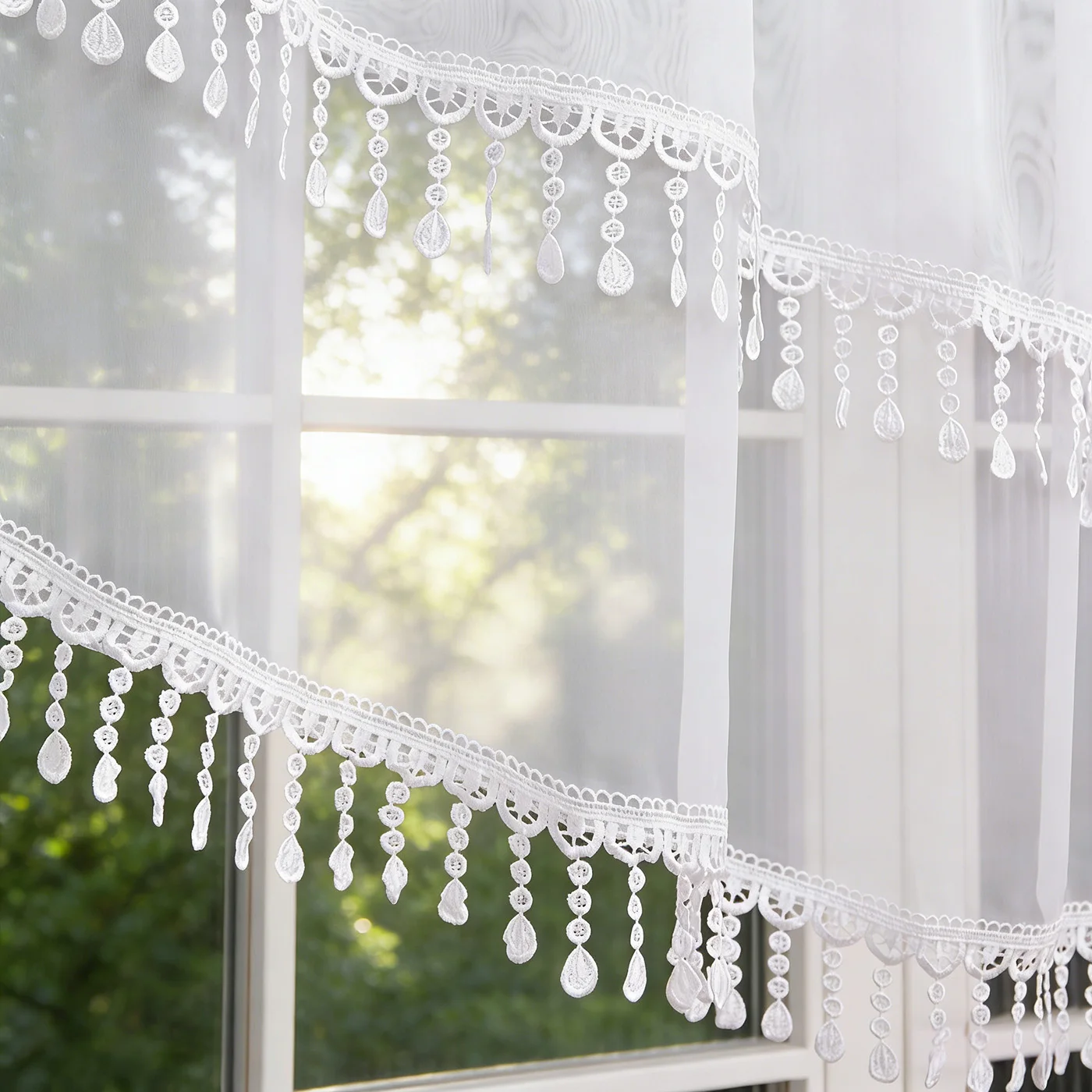 2PCS White Lace Beaded Tassel Cafe Valance Curtains, Light Filter Sheer Drapes For Kitchen Window Sweet Housewarming Gift view 3