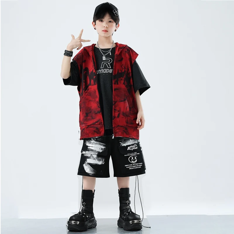 เด็ก Hip Hop Cool หลวมย้อมกางเกง Cargo Boys Street Dance สีแดง Hoodie เด็ก Streetwear วัยรุ่นเครื่องแต่งกายแจ๊สเสื้อผ้าชุด XH2908