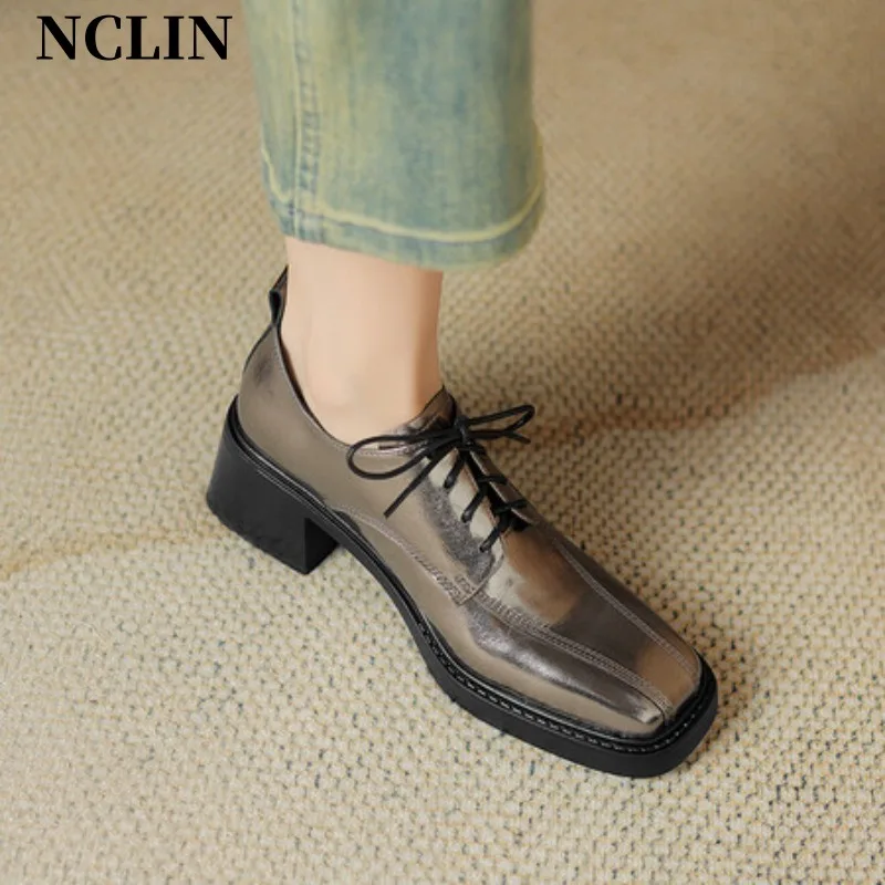 

New Spring Genuine Leather Women Shoes Square Toe Women Pumps Shoes for Women High Heel Chunky Heel Shoes Zapatos Mujer Loafers