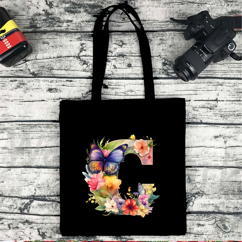 Flower Letter Black Canvas Handbag Casual Large Capacity Environmental Friendly Flower Shopping Bag Customization