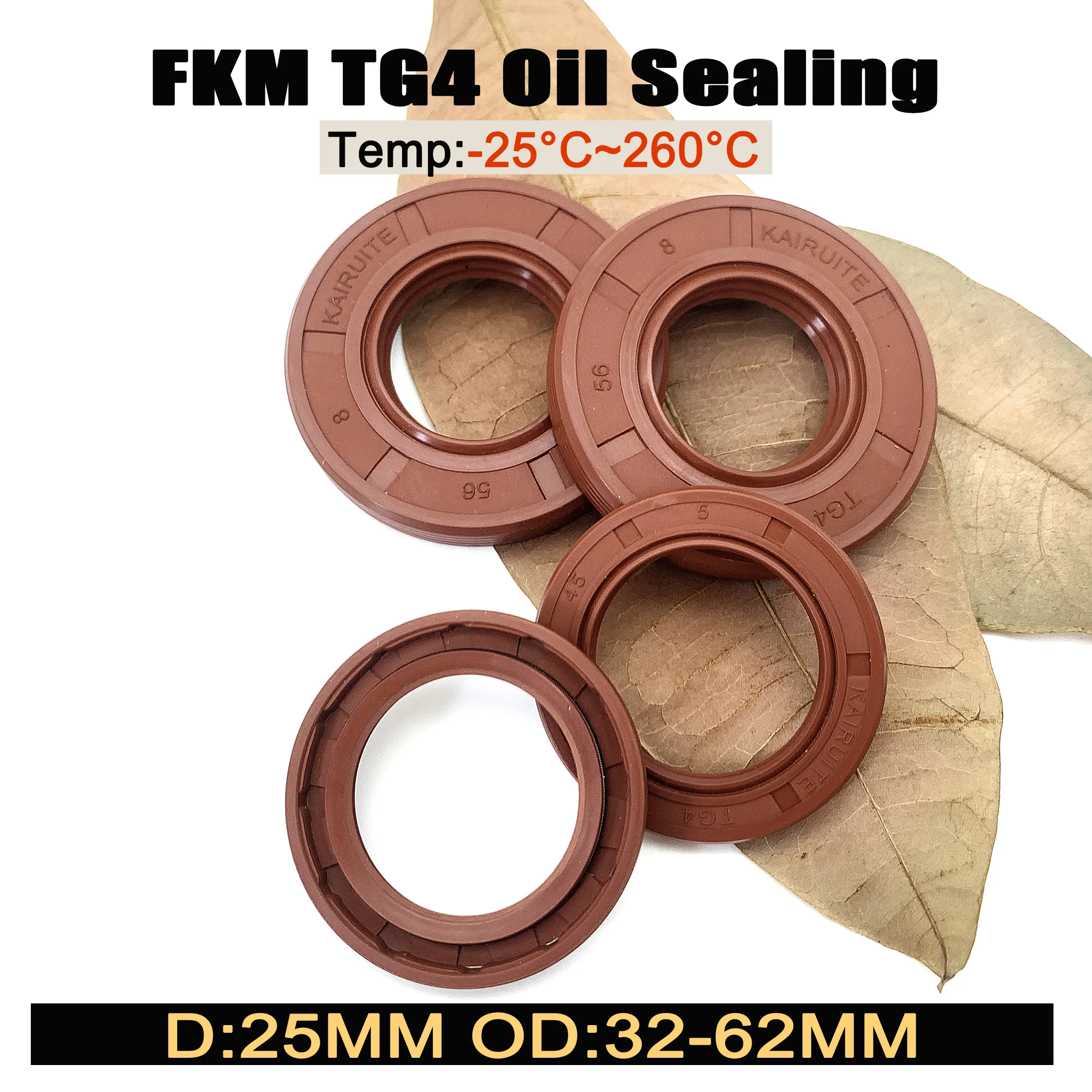 Seal ring berbahan fluororubber TG4, rangka/selempang oli, diameter dalam (ID) 25mm, diameter luar (OD) 32mm~62mm, bentuk bibir, seal berputar, tahan penuaan dan tahan ozon, berbahan FKM