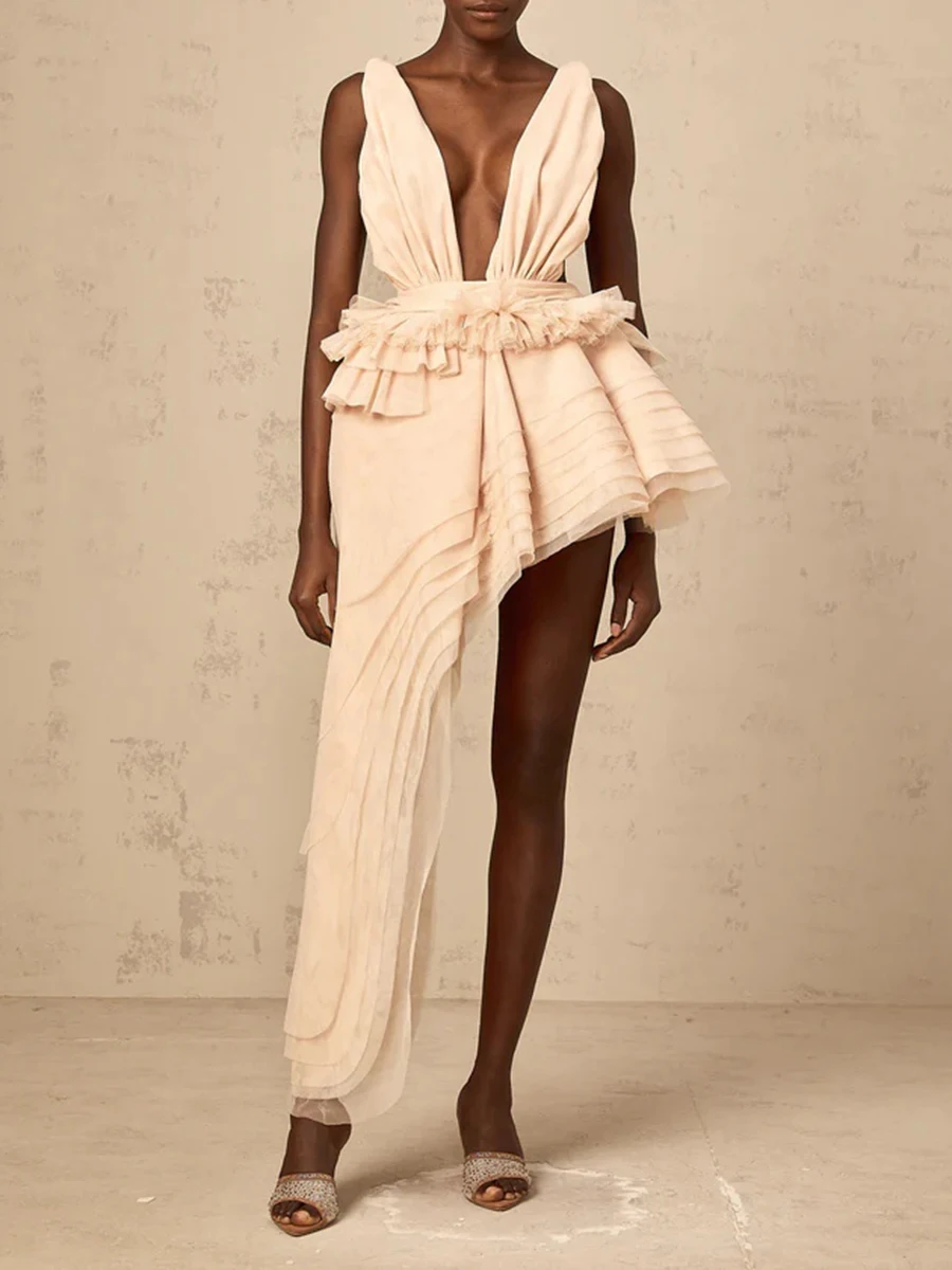 Vgh sólido emendado em camadas assimétrico vestidos de malha para mulheres decote em v profundo sem mangas cintura alta sem costas tutu vestido feminino outono