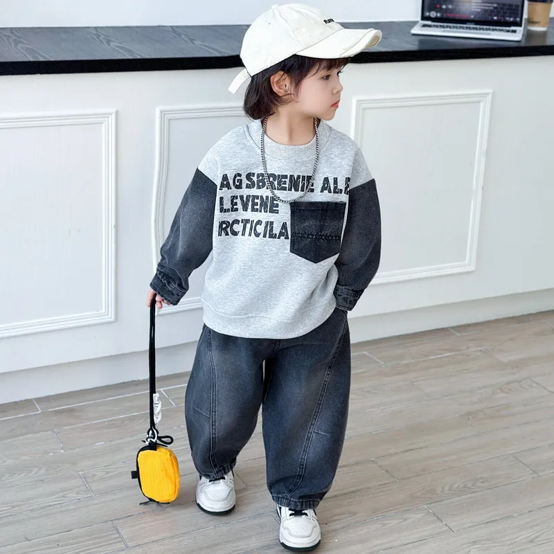2piece Autumn Children's Comfortable And Fashion Outfit Jeans Patchwork Sweatshirt and Loose Jeans Boys Casual Outdoor Set 2-10Y