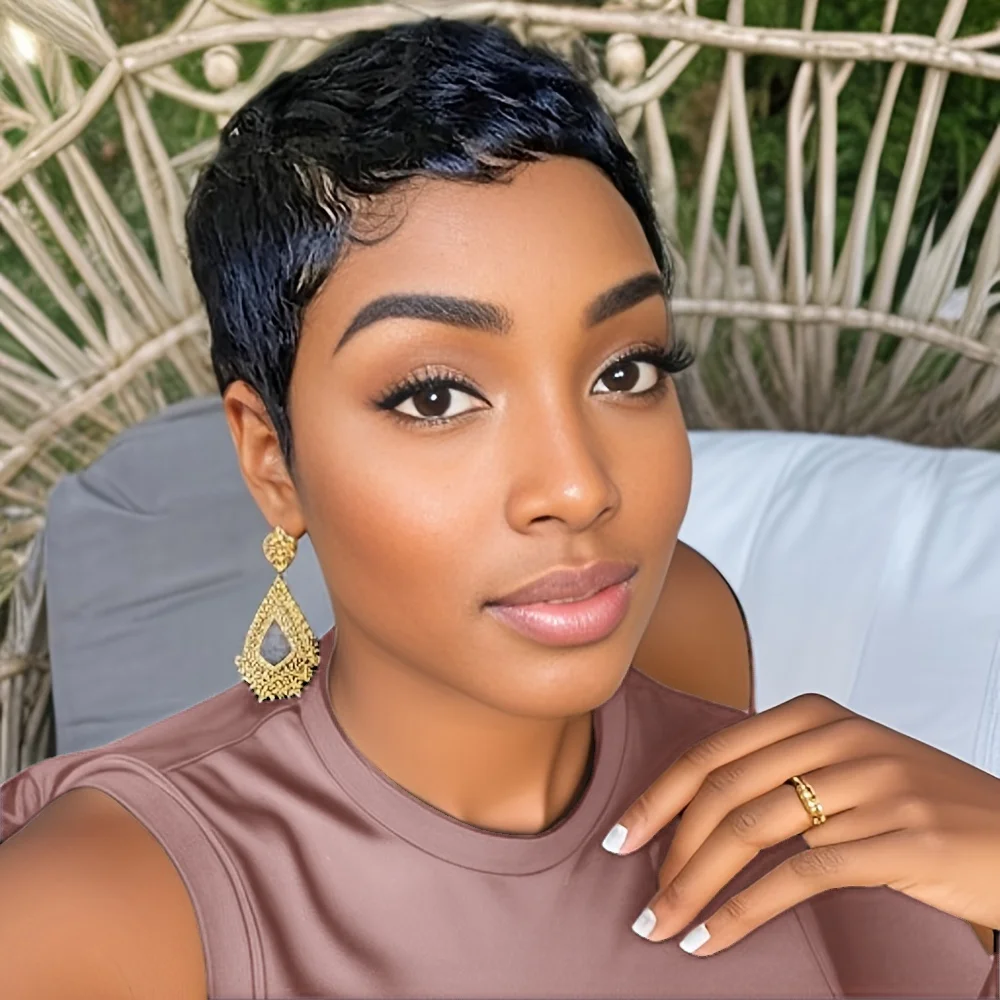 짧은 레이어드 픽시컷 전체 기계식 가발(뱅 포함) 여름 헤어스타일 내추럴 1b 색상