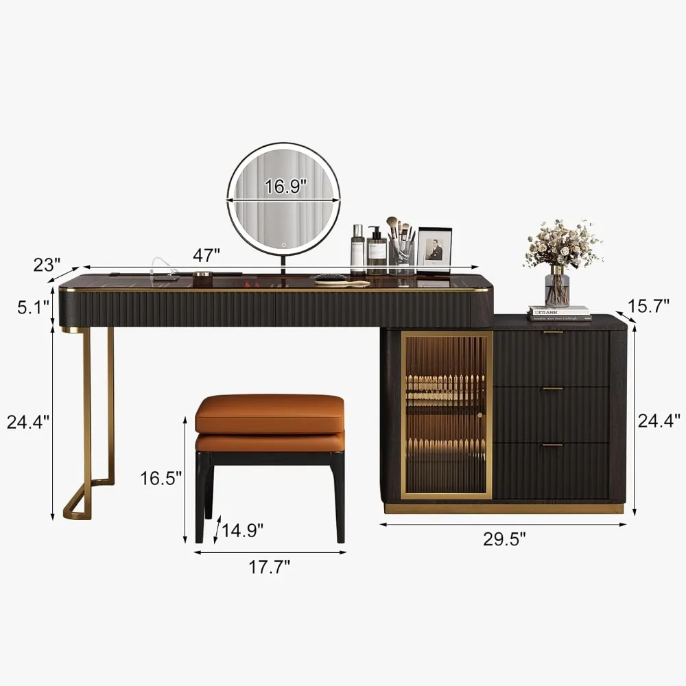 Makeup Vanity, Very Easy to Assemble，Dressing Table Desk in one, Super Storage, with LED Light Vanity Mirror