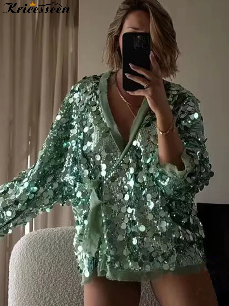 

Кимоно Kricesseen с блестками, верхнее пальто, кардиган, гламурный кардиган с v-образным вырезом, женская куртка большого размера на шнуровке с запахом, верхняя одежда, наряды для отпуска