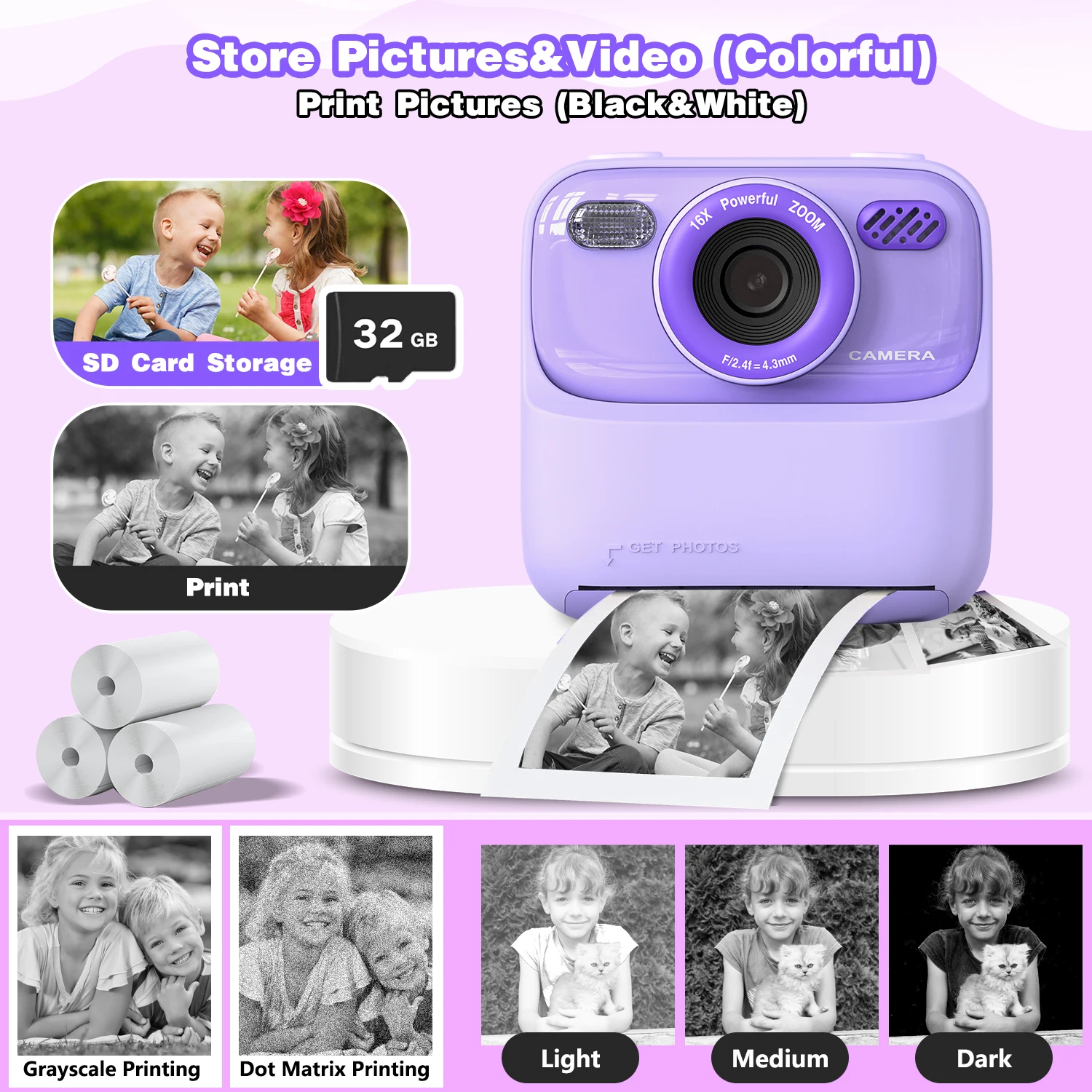INOCTI Instant Print-camera voor kinderen, digitale peutercamera, HD Dual Lens Selfie voor meisjes Jongens Kerstverjaardagscadeaus Speelgoed