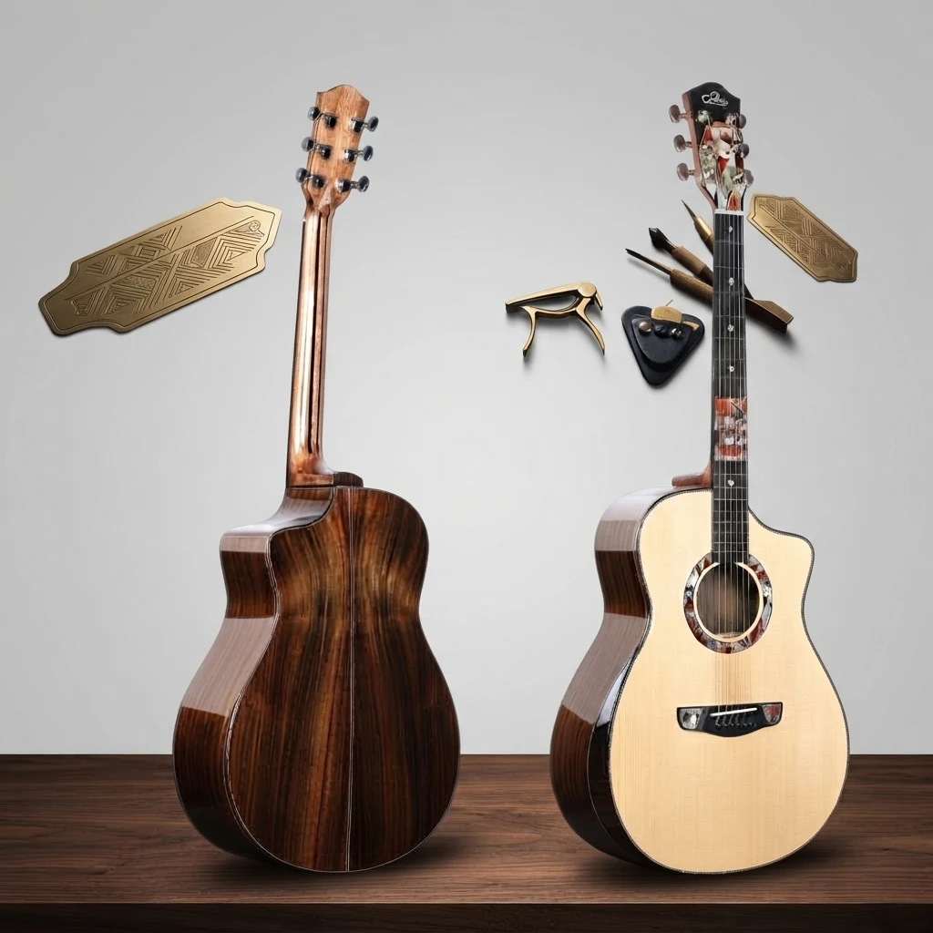 41‑Inch GA Cutaway All Solid Acoustic Guitar,  Spruce Rosewood Folk Guitar Colorful Inlay For Professional Stage Performance
