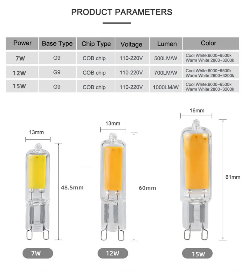 Super Bright G9 LED Light Bulb 7W 9W 12W15W 220V Glass Lamp Cold White/Warm White Constant Power Light LED Lighting G9 COB Bulbs