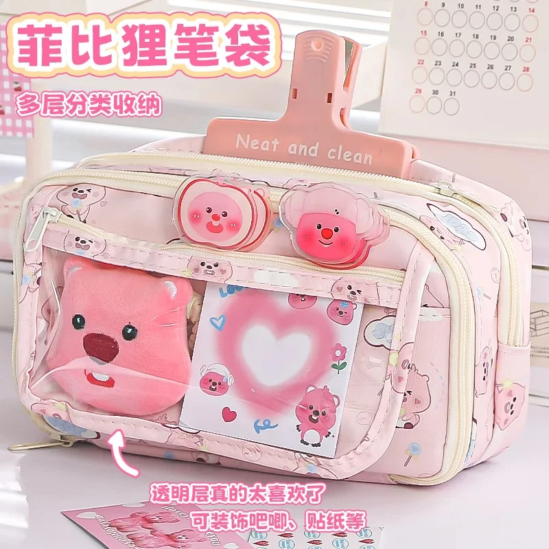 Loppy Transparent Pen Bag Large Capacity Cute Anime Stationery Bag Student Supplies Storage Box Pink printed bag