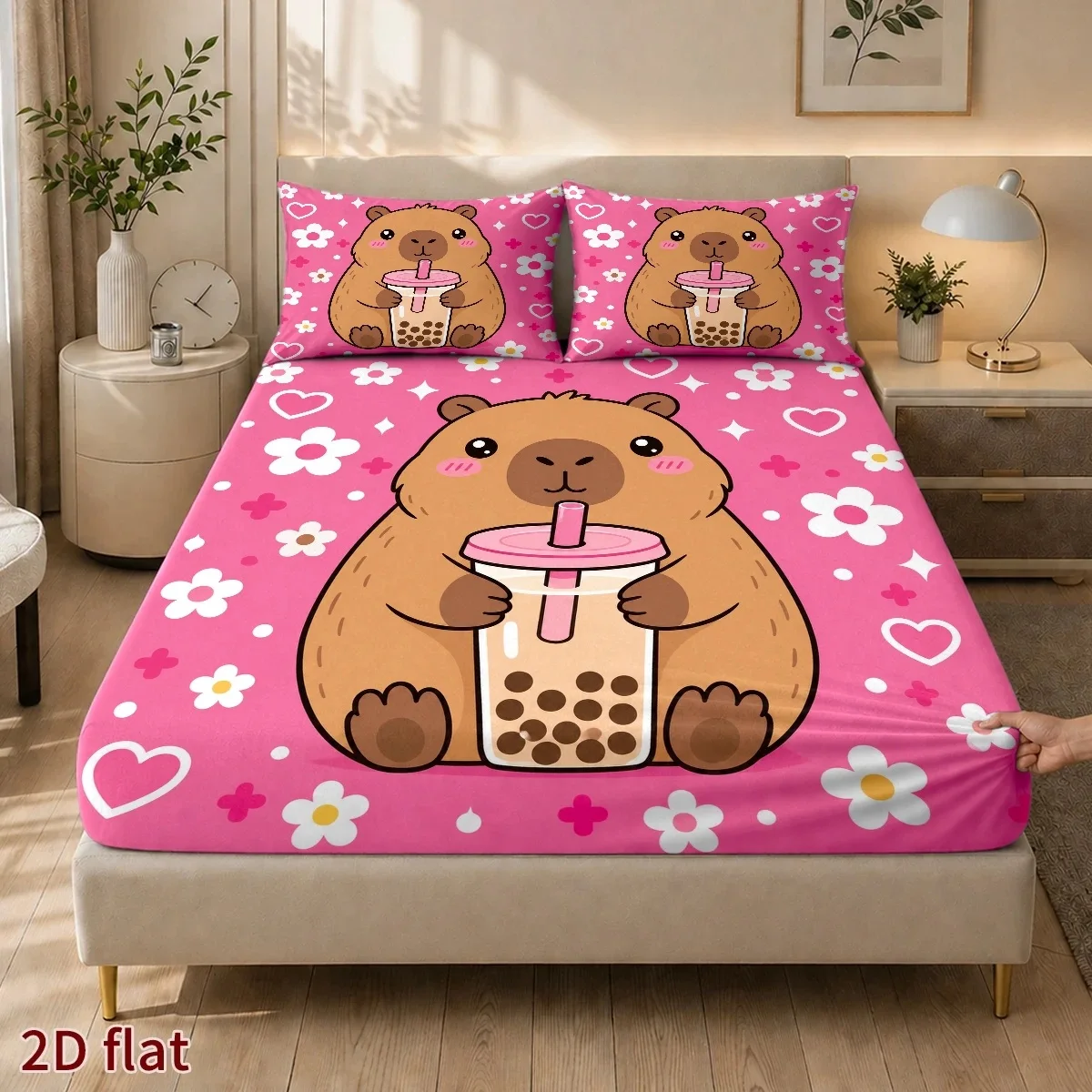 3-Piece Mattress Protector Set, 2D Flat Printed Fitted Sheet, Printed Fitted Sheet Set, Cartoon Capybara Pattern Design, Home Bedroom Decoration, Holiday-Themed Fitted Sheet and Pillowcase, Mattress Protector, Stain-Resistant, Mattress Cover, Suitable for All Seasons, Machine Washable, Easy to Care For, Suitable for Home Bedroom Use, Essential for Dormitories and Rentals, Master Bedroom and Guest Room Decoration, Dust-Proof and Stain-Resistant, High Elasticity, Fits Various Sizes