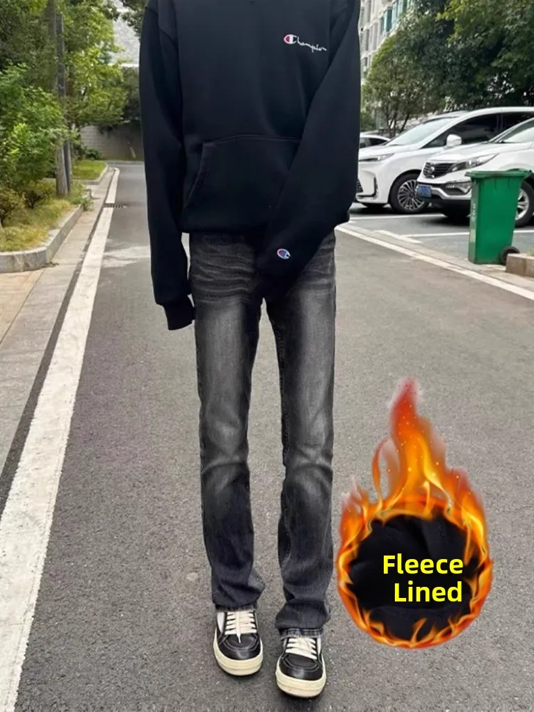 

Fce Lined Thiened American Cleanfit Waed Slim Fit Elastic Micro Flared High Street Vibe Bla ey Jeans