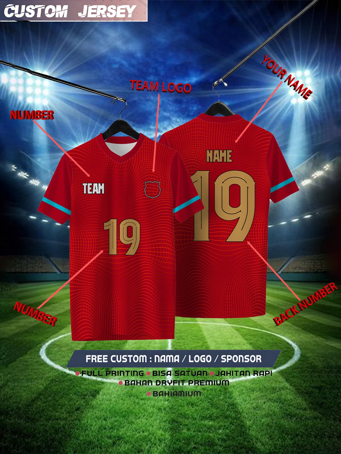 

Customized Geometric Red Short Sleeved Shirt with Team Name, Emblem, Name and Number, Outdoor Sports Short Sleeved T-shirt