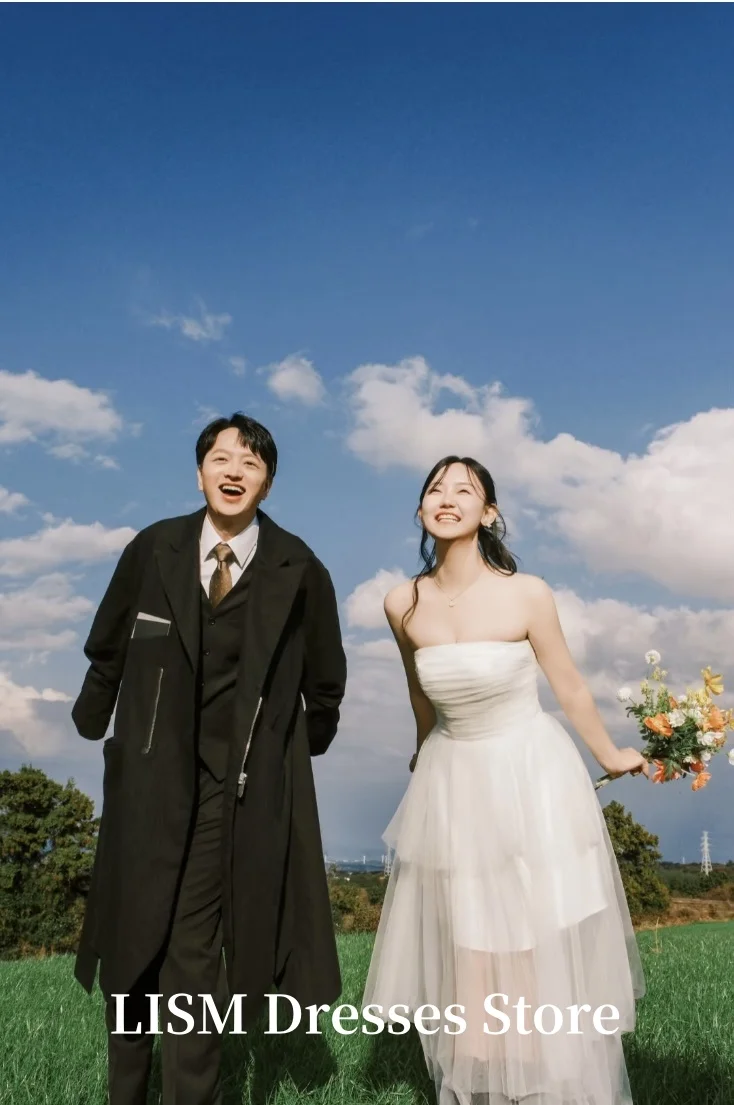 LISM Strapless A-Line Korea Wedding Dresses Photo Shoot Soft Tulle Floor Length Elegant Bridal Gowns 웨딩드레스 Customized Corsets