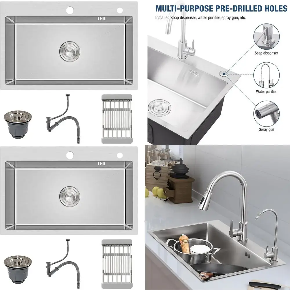 

Кухонная мойка 33x19 дюймов с глубокой верхней установкой, одинарная чаша, нанопокрытие, нержавеющая сталь и аксессуары