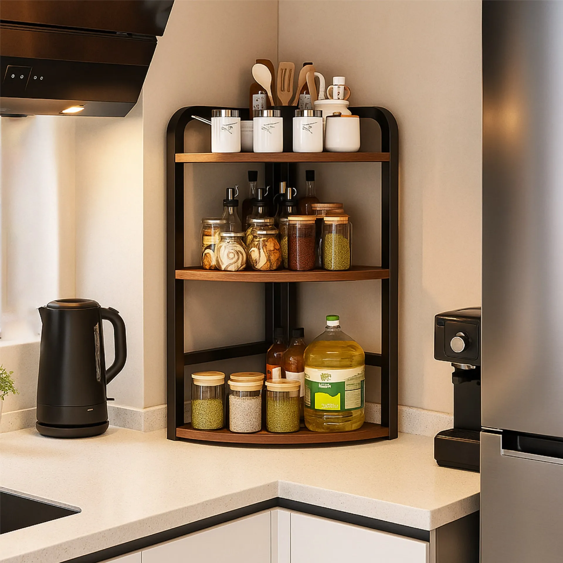 

Kitchen seasoning rack Countertop corner tripod Oil, salt, sauce and vinegar storage rack Household mobile seasoning rack