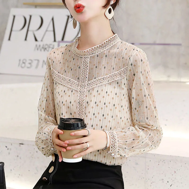 O-Neck Fashion Female Sweet Lace Spliced Printed Shirt 2022 Spring New Long Sleeve Elegant Women\'s All-match Casual Blouses