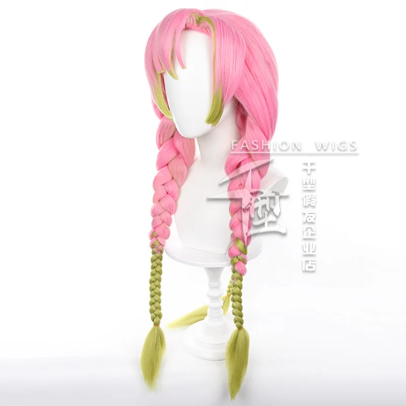 Kanroji mitsuri peruca cosplay para mulher rosa verde gradiente trança perucas anime role play adereços festa desempenho traje acessórios