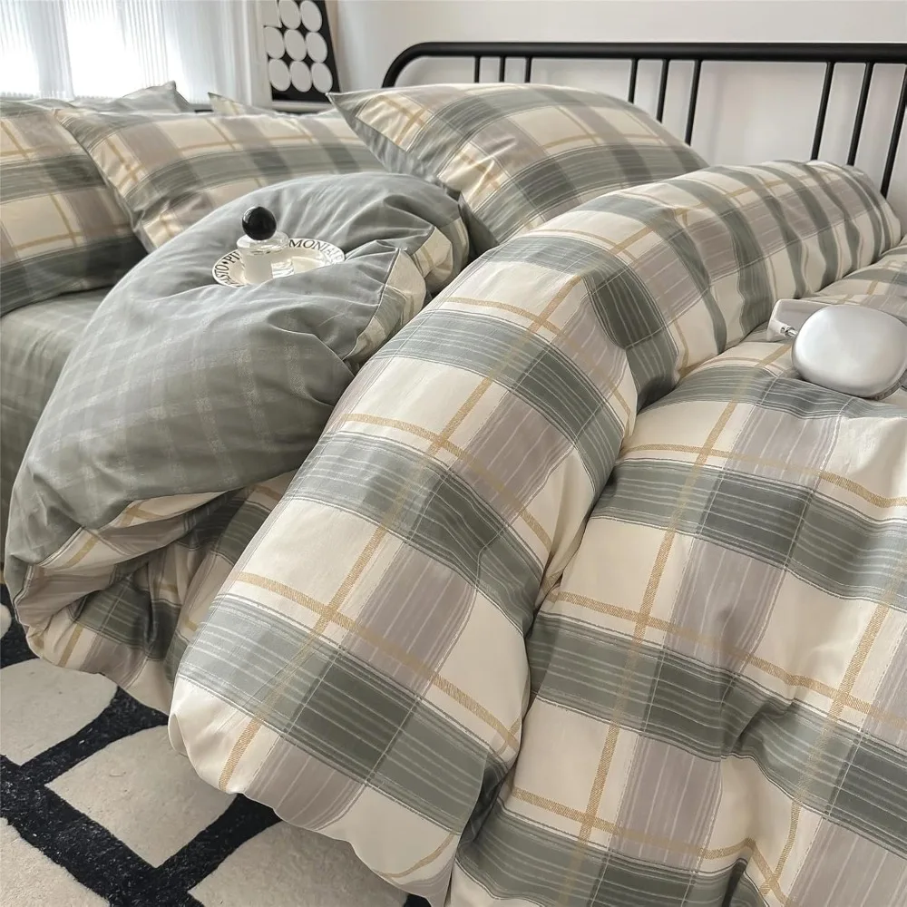 

Queen Size Soft Cotton Grid Plaid Bedding Set - 3-Piece Checkered Gingham Comforter Cover for Men and Boys, Modern Design