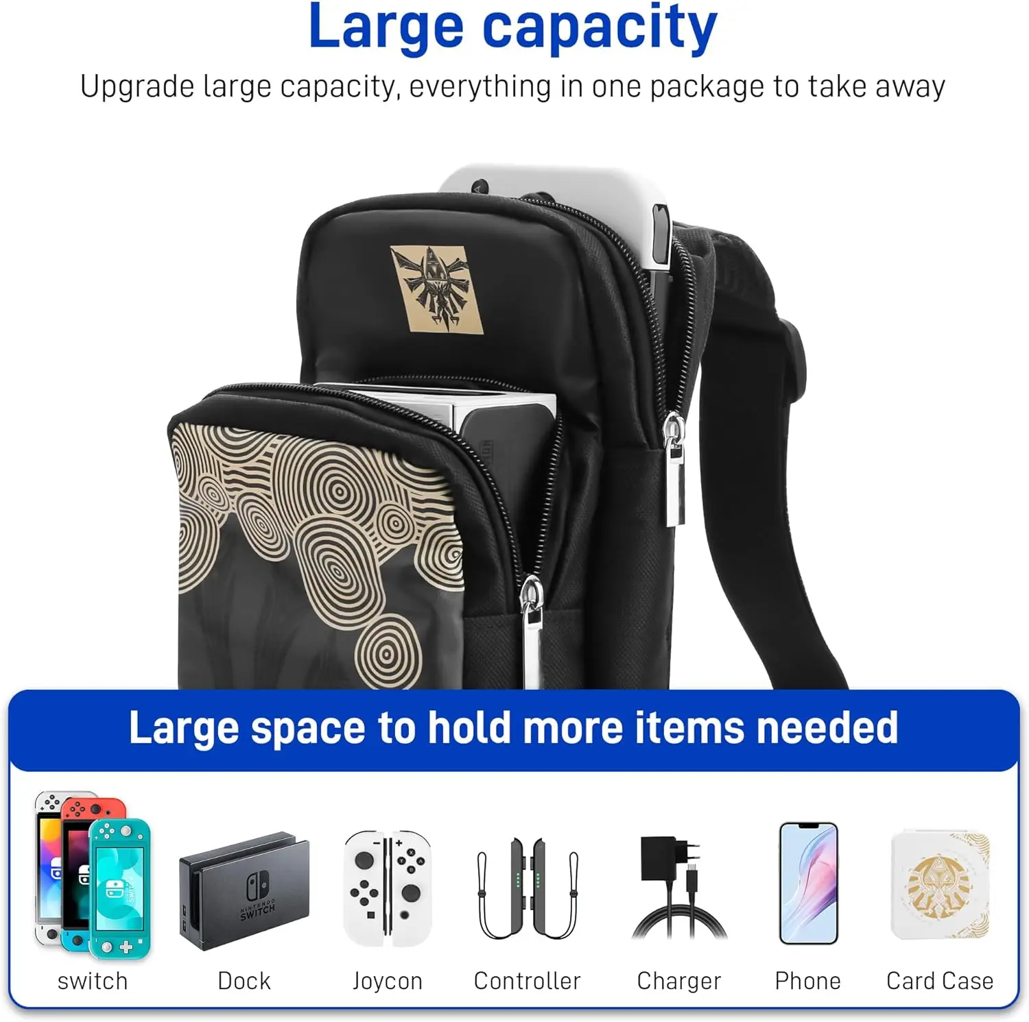 Torba podróżna na Nintendo Switch/Lite/OLED, przenośny plecak typu sling crossbody na konsolę Zelda Black Pockets — zdjęcie produktu 5