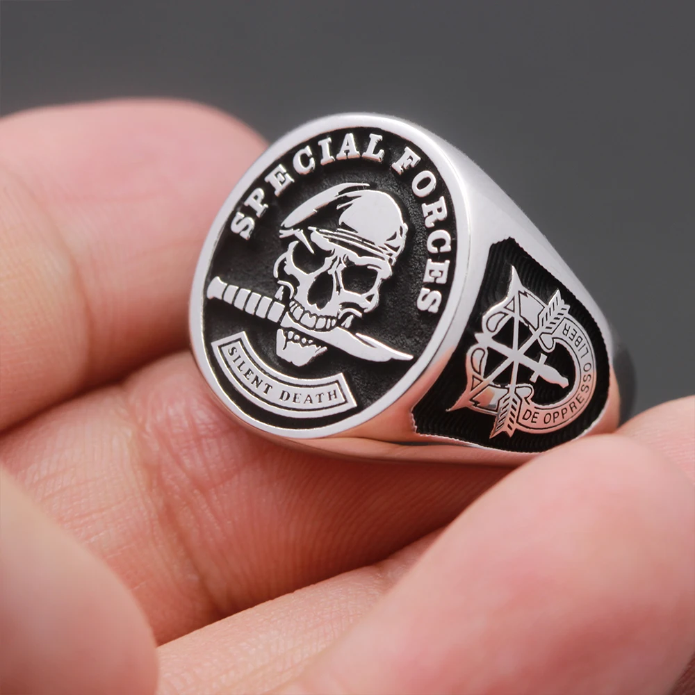 Mens Jewellery U.S. Army Special Forces Beret Skull Rings for Women Vintage Silver Color Silent Death Stamp Punk Gothic Jewelry