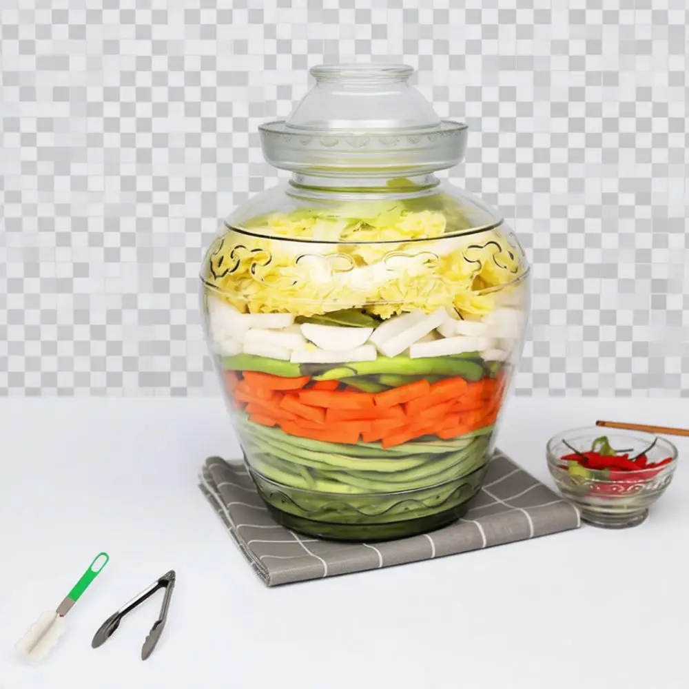 Glass Pickling Container Water Seal Fermentation Jar Embossed Thickened Design Transparent Kimchi Crock Kitchen Storage Tool