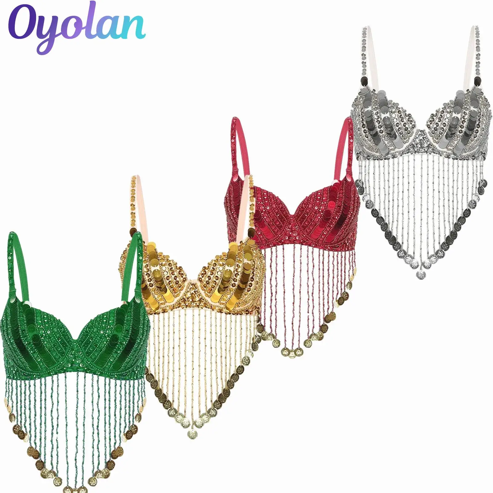 

Womens Shiny Sequins Belly Dance Bra Tops Tassels Underwired Boho Festival Bras Shiny Sequin Beaded Indian Belly Dance Costume