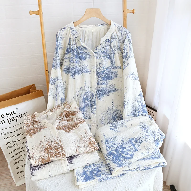 

Spring and Autumn Cotton Garden Printed Women's Pajamas V-neck Tops with Long Pants Loose Size Casual Home Clothes