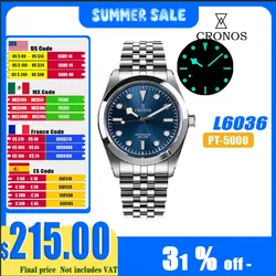 Cronos New Mechanical Men Watches 36mm Automatic PT5000 SW200 Snowf Hands Sapphire Glass SST Bracelet BGW-9 C3 Lume 10ATM L6036