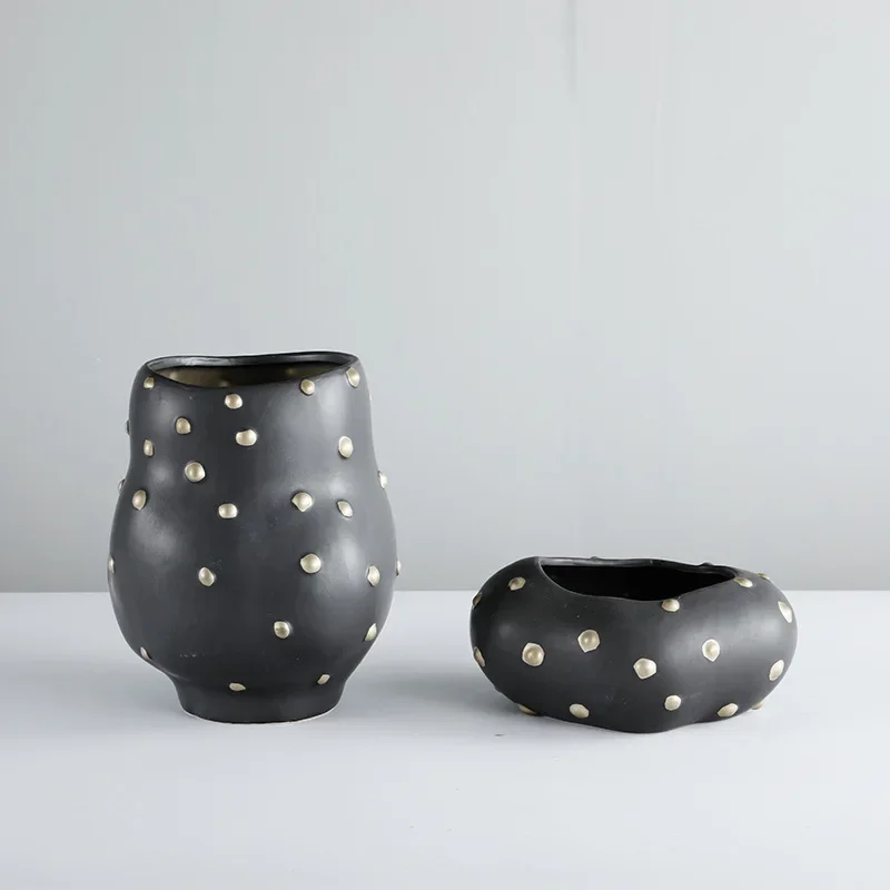 Black Resin Flower Pot Gold Point Flower Vase Flowerpot Floral Arrangement Accessories Irregular Home Decoration Accessories