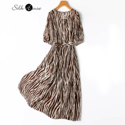 2024 Spring New Zebra Stripes 100%Natural Mulberry Silk Crepe De Chine Round Neck Puff Half Sleeve Dress for Women