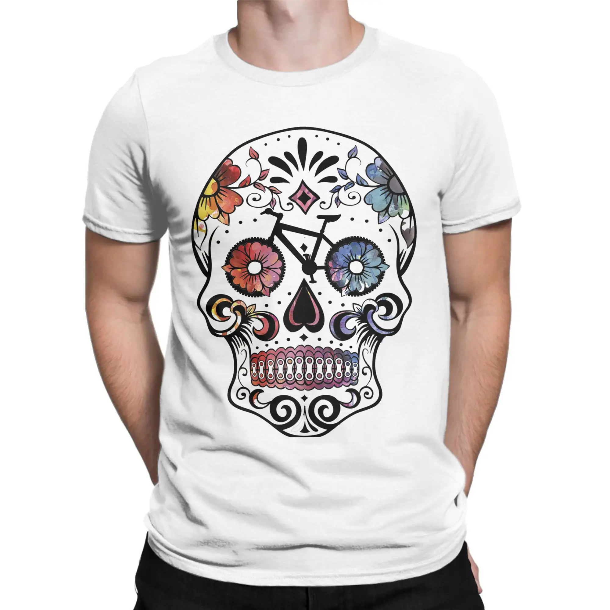 

Sugar Skull Bikes Watercolor T-Shirts for Men Novelty 100% Cotton Tee Shirt O Neck Short Sleeve T Shirt Gift Idea Clothes