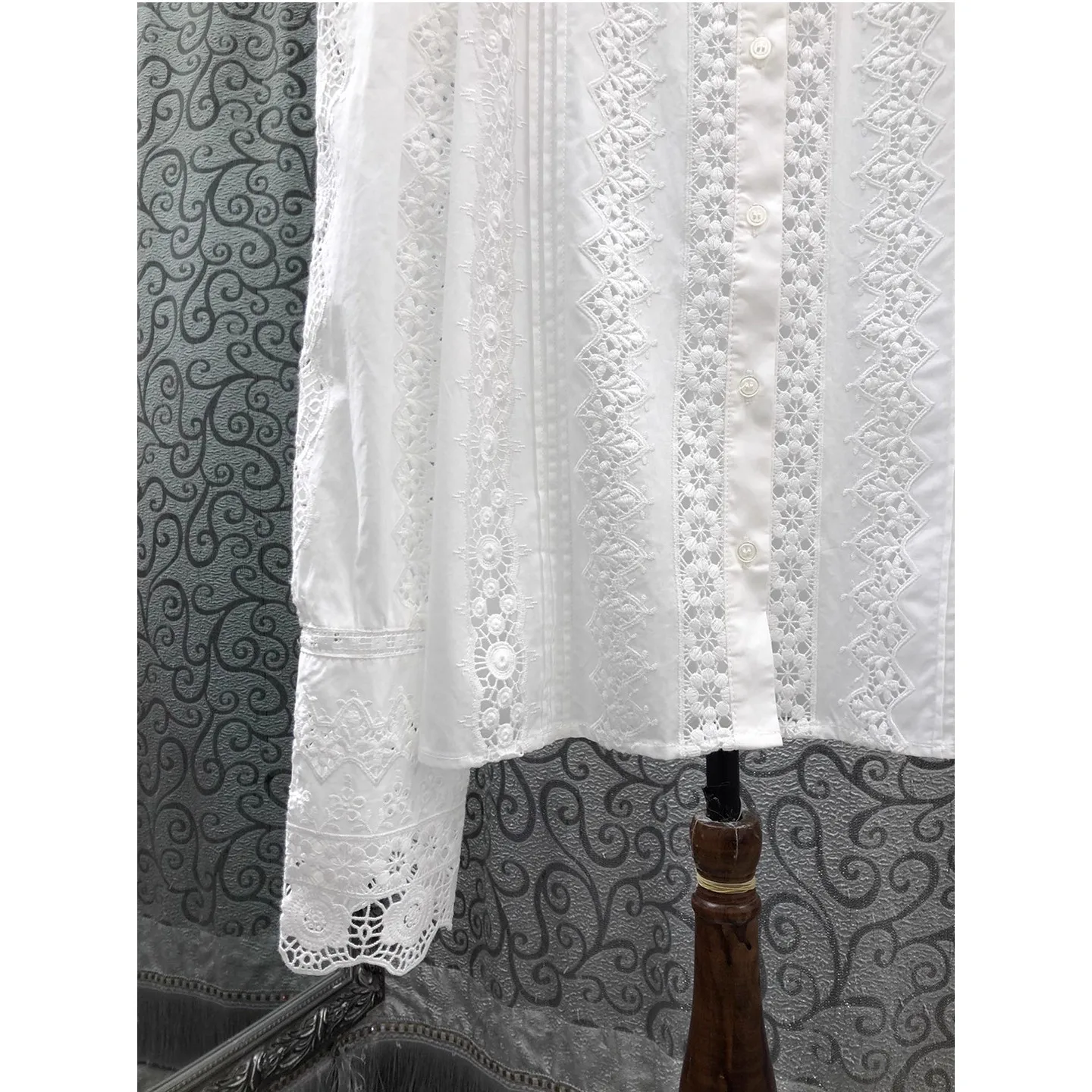 100%Cotton Blouse Shirts 2026 Spring Style Women Allover Crochet Lace Embroidery Long Sleeve Vintage White Button Shirts