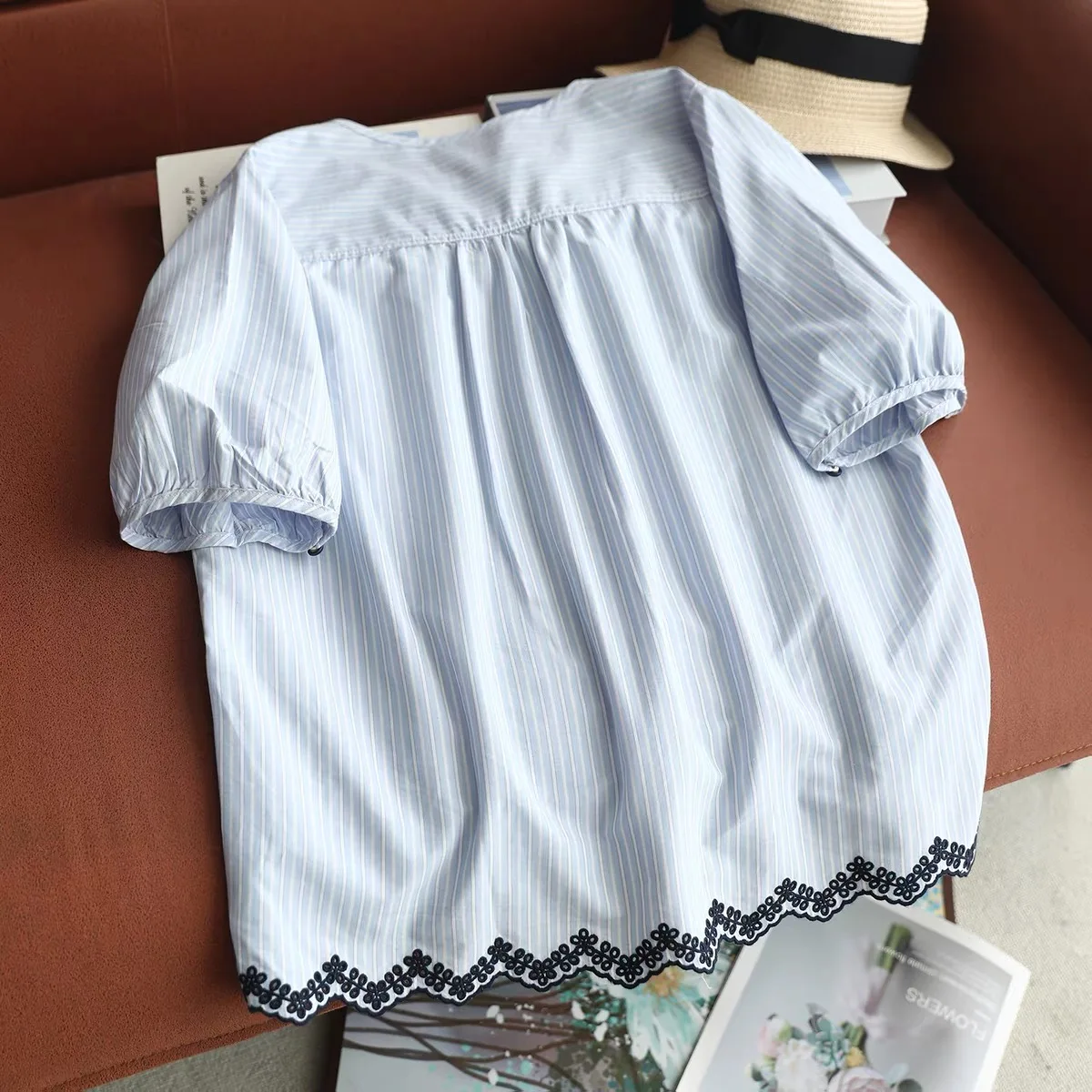 2026 Women Vertical Striped Blouse Short Sleeve Black Floral Lace Scalloped Hem Mori Girl Summer Cottagecore Cotton Shirts