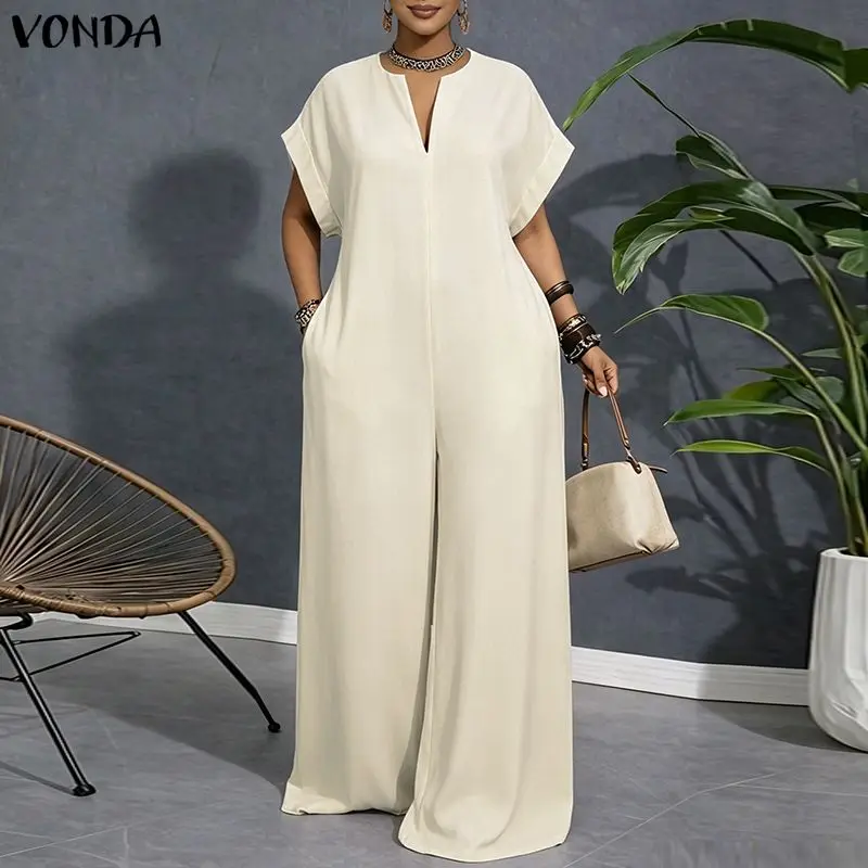 VONDA Casual Summer Short Sleeve Women Plus Size Jumpsuits Tops Wide Leg Pants OL Work Playsuits Solid Color Overalls Streetwear